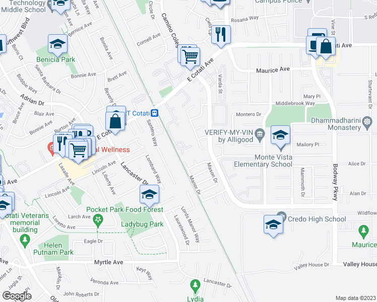 map of restaurants, bars, coffee shops, grocery stores, and more near 8357 Windmill Farms Drive in Cotati