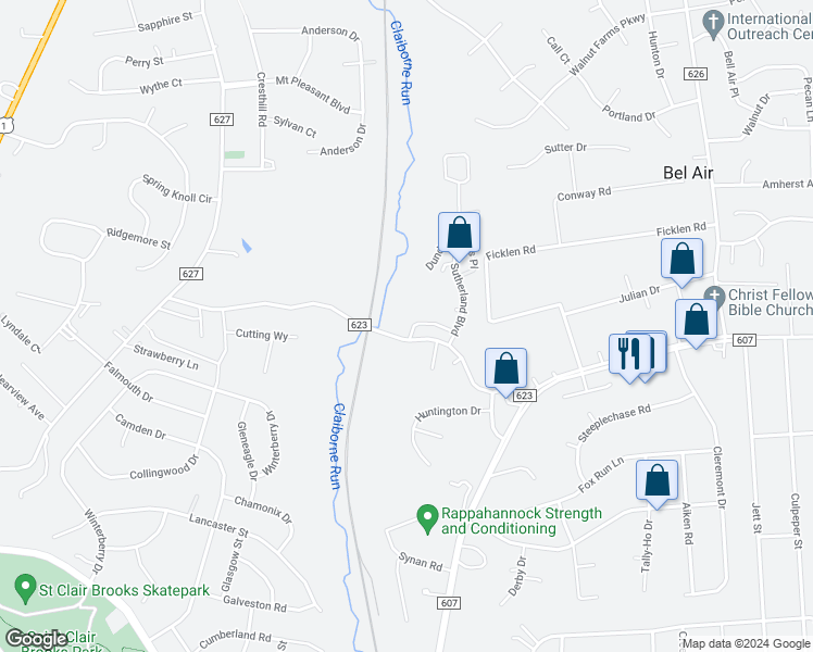 map of restaurants, bars, coffee shops, grocery stores, and more near 103 Braemar Place in Fredericksburg