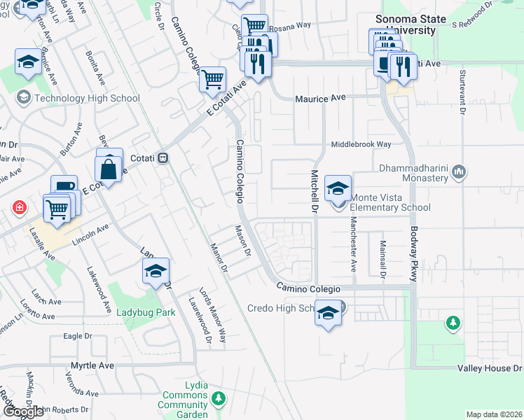 map of restaurants, bars, coffee shops, grocery stores, and more near 7865 Montero Drive in Rohnert Park