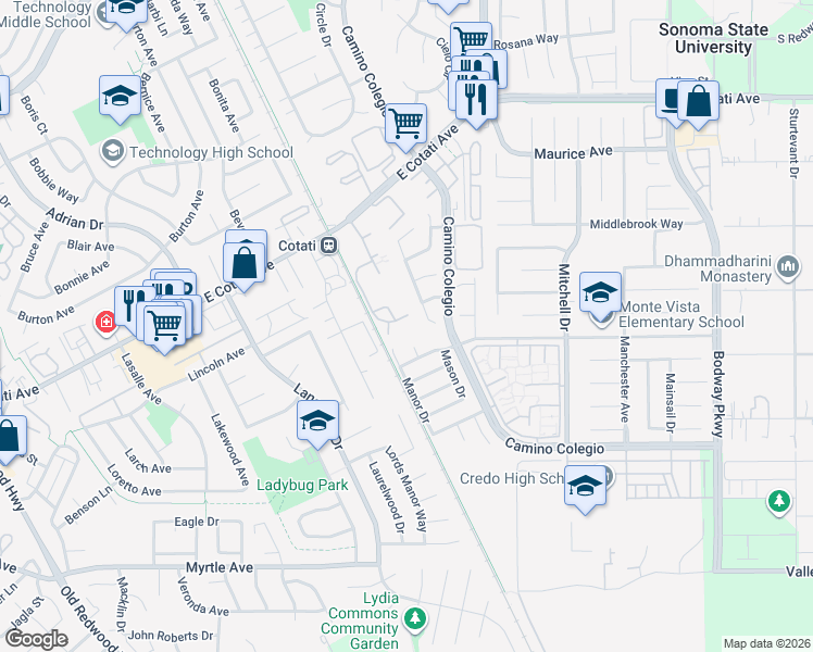 map of restaurants, bars, coffee shops, grocery stores, and more near 7721 Melody Drive in Rohnert Park