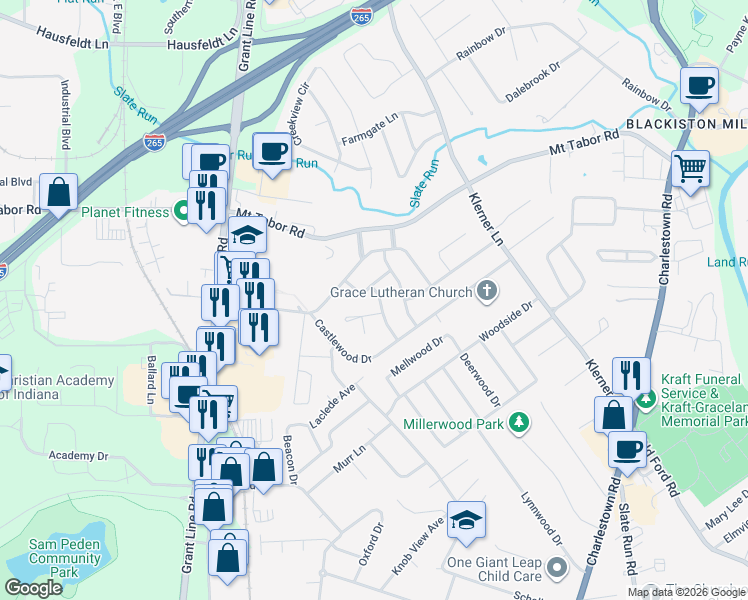 map of restaurants, bars, coffee shops, grocery stores, and more near 920 Brentwood Court in New Albany