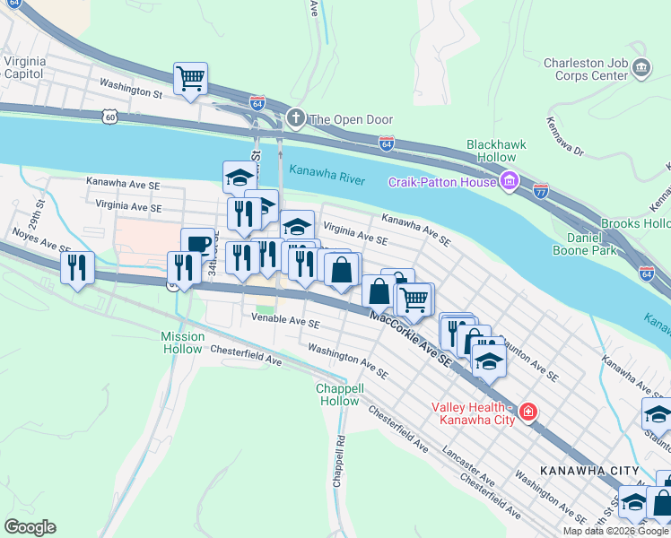map of restaurants, bars, coffee shops, grocery stores, and more near 3711 Staunton Avenue Southeast in Charleston