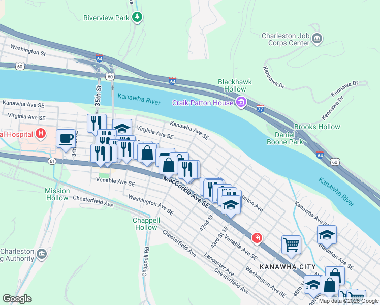 map of restaurants, bars, coffee shops, grocery stores, and more near 3821 Virginia Avenue in Charleston