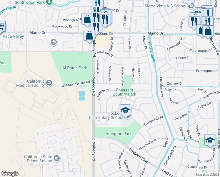 map of restaurants, bars, coffee shops, grocery stores, and more near 160 Caldwell Drive in Vacaville
