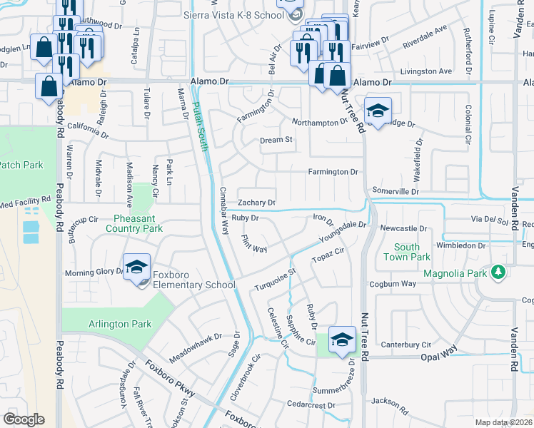 map of restaurants, bars, coffee shops, grocery stores, and more near 1066 Ruby Drive in Vacaville