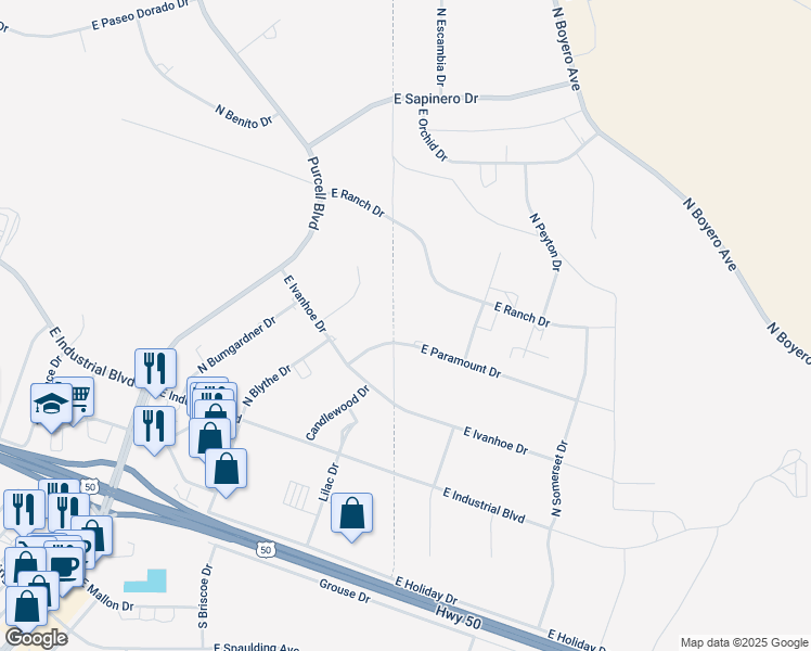 map of restaurants, bars, coffee shops, grocery stores, and more near 1113 East Paramount Drive in Pueblo West