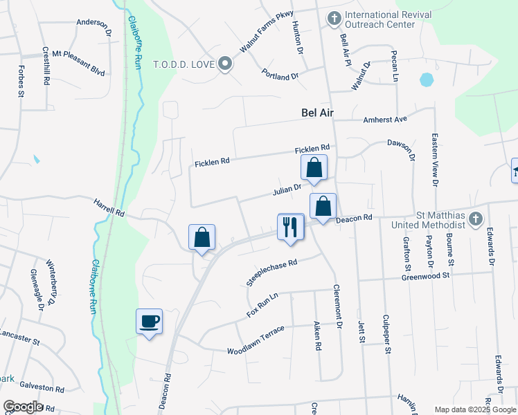 map of restaurants, bars, coffee shops, grocery stores, and more near 1006 Julian Drive in Fredericksburg