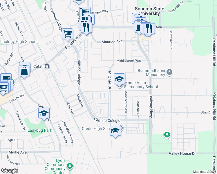 map of restaurants, bars, coffee shops, grocery stores, and more near 1400 Magnolia Avenue in Rohnert Park