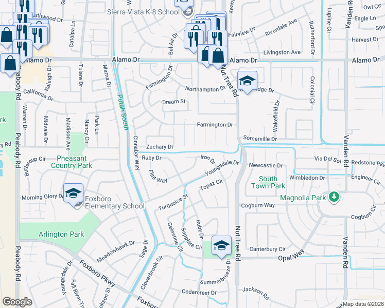 map of restaurants, bars, coffee shops, grocery stores, and more near 142 Revere Court in Vacaville