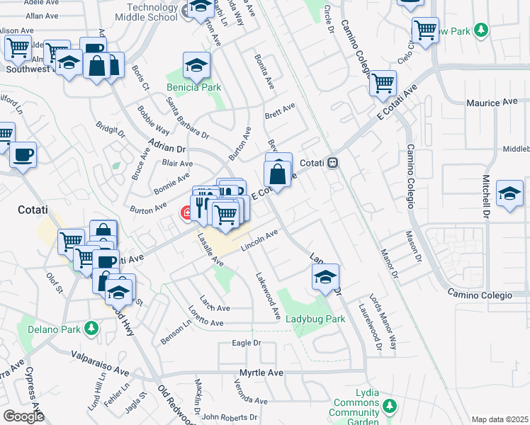 map of restaurants, bars, coffee shops, grocery stores, and more near 8267 Lancaster Drive in Cotati