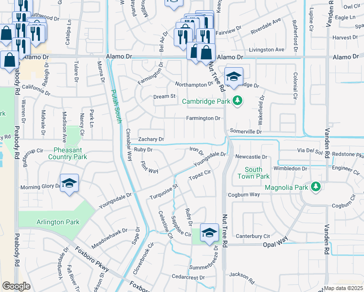 map of restaurants, bars, coffee shops, grocery stores, and more near 142 Revere Court in Vacaville