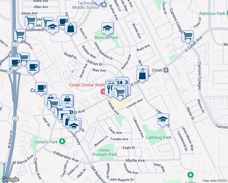 map of restaurants, bars, coffee shops, grocery stores, and more near 13 Dyquisto Way in Cotati