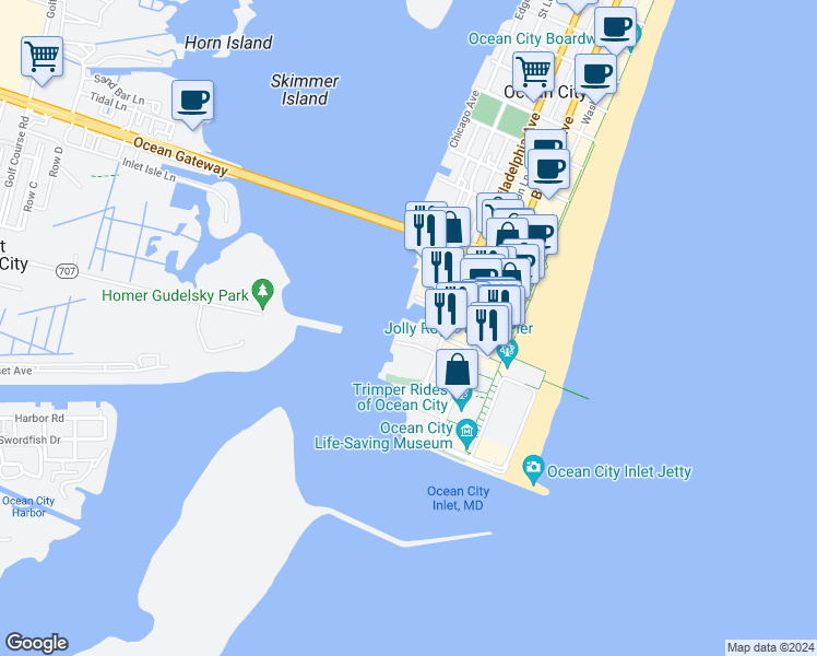 map of restaurants, bars, coffee shops, grocery stores, and more near 221 Wicomico Street in Ocean City
