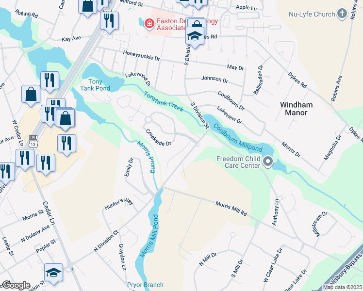 map of restaurants, bars, coffee shops, grocery stores, and more near 204 Sandy Bottom Court in Salisbury
