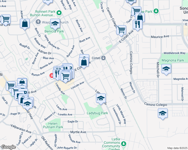 map of restaurants, bars, coffee shops, grocery stores, and more near 8292 Lancaster Drive in Cotati
