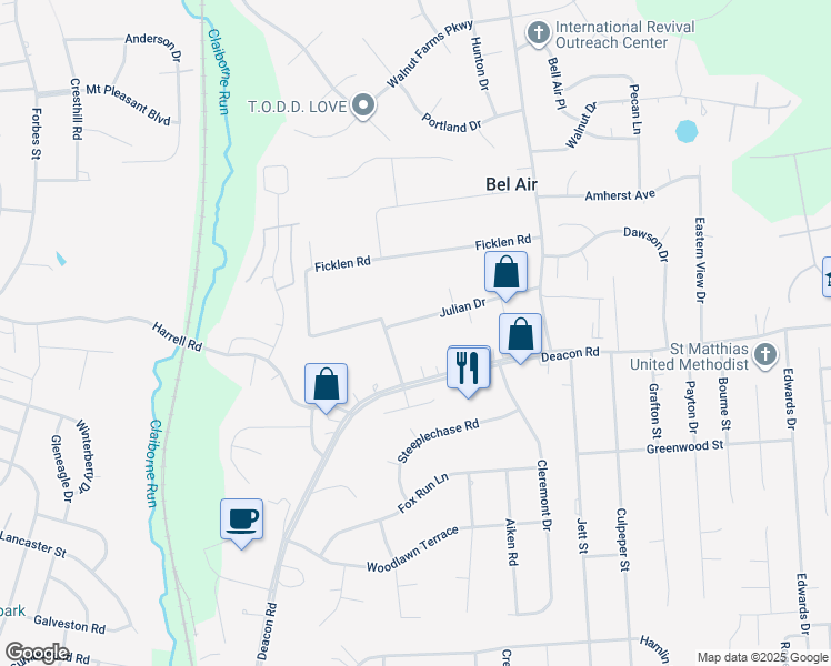 map of restaurants, bars, coffee shops, grocery stores, and more near 1006 Julian Drive in Fredericksburg