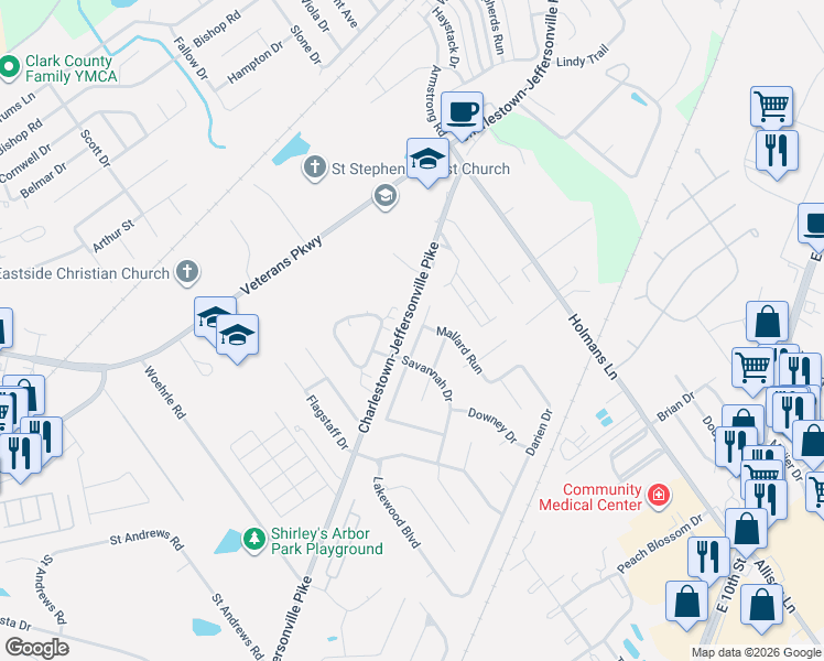 map of restaurants, bars, coffee shops, grocery stores, and more near 3527 Stonecreek Circle in Jeffersonville