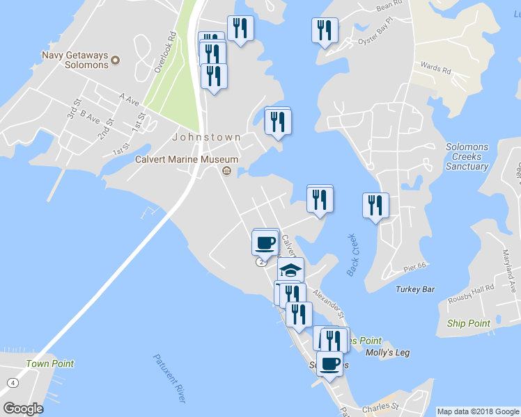 map of restaurants, bars, coffee shops, grocery stores, and more near 185 Langley Lane in Solomons