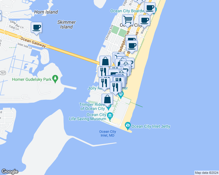 map of restaurants, bars, coffee shops, grocery stores, and more near 107 Somerset Street in Ocean City