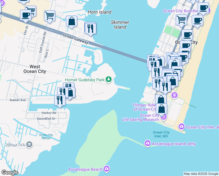 map of restaurants, bars, coffee shops, grocery stores, and more near 13060 Old Bridge Road in Ocean City