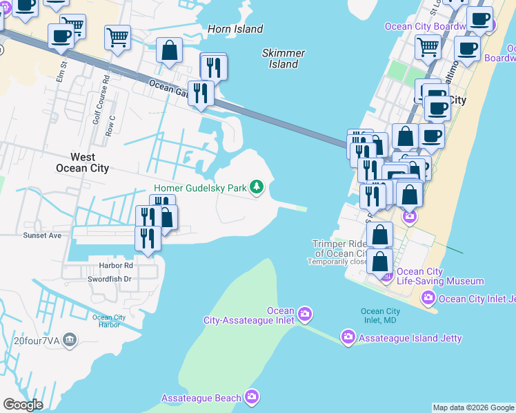 map of restaurants, bars, coffee shops, grocery stores, and more near 13060 Old Bridge Road in Ocean City