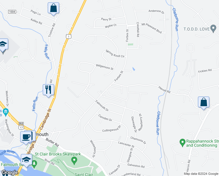 map of restaurants, bars, coffee shops, grocery stores, and more near 628 Forbes Street in Falmouth