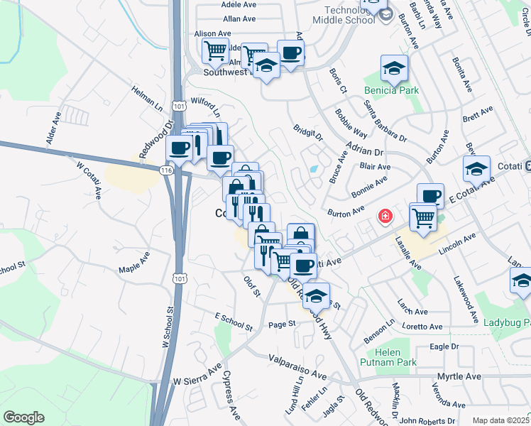 map of restaurants, bars, coffee shops, grocery stores, and more near 35 George Street in Cotati