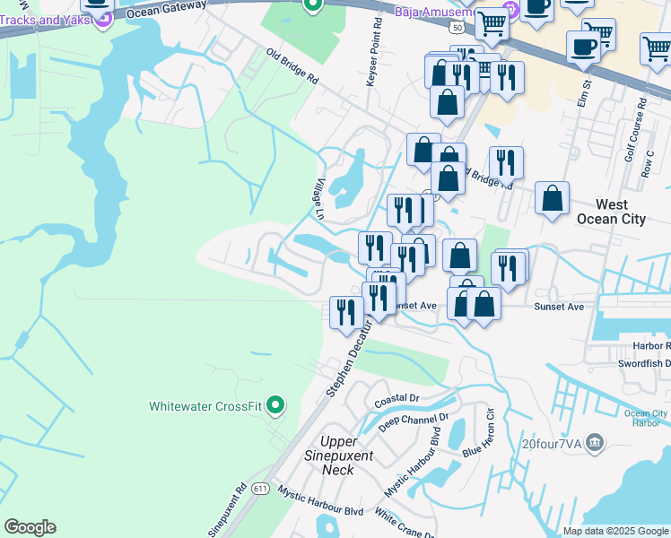 map of restaurants, bars, coffee shops, grocery stores, and more near 12548 Whispering Woods Drive in Ocean City