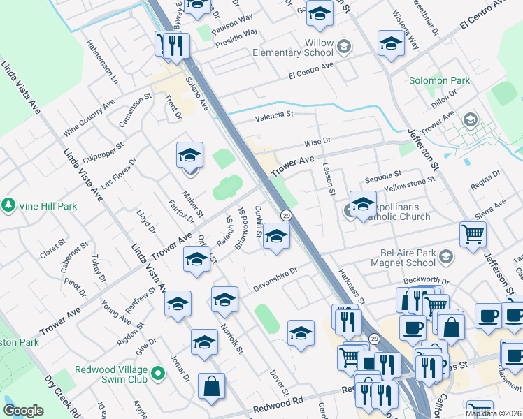 map of restaurants, bars, coffee shops, grocery stores, and more near 3972 Dunhill Street in Napa