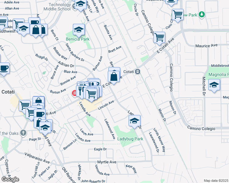 map of restaurants, bars, coffee shops, grocery stores, and more near 8276 Lancaster Drive in Cotati