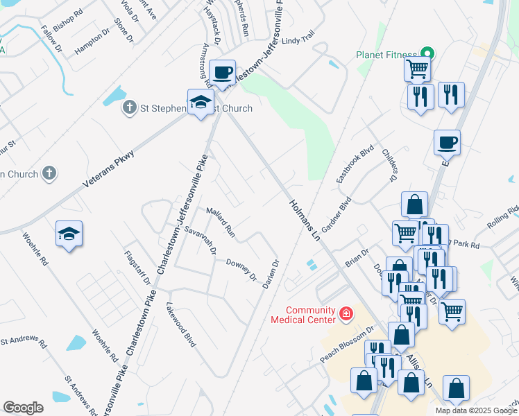 map of restaurants, bars, coffee shops, grocery stores, and more near 2924 Sunnyside Drive in Jeffersonville