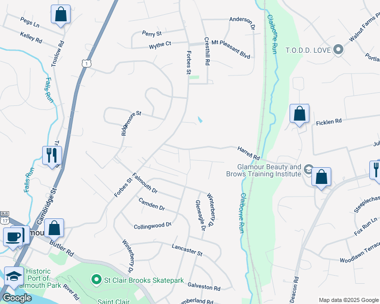 map of restaurants, bars, coffee shops, grocery stores, and more near 22 Harrell Road in Falmouth