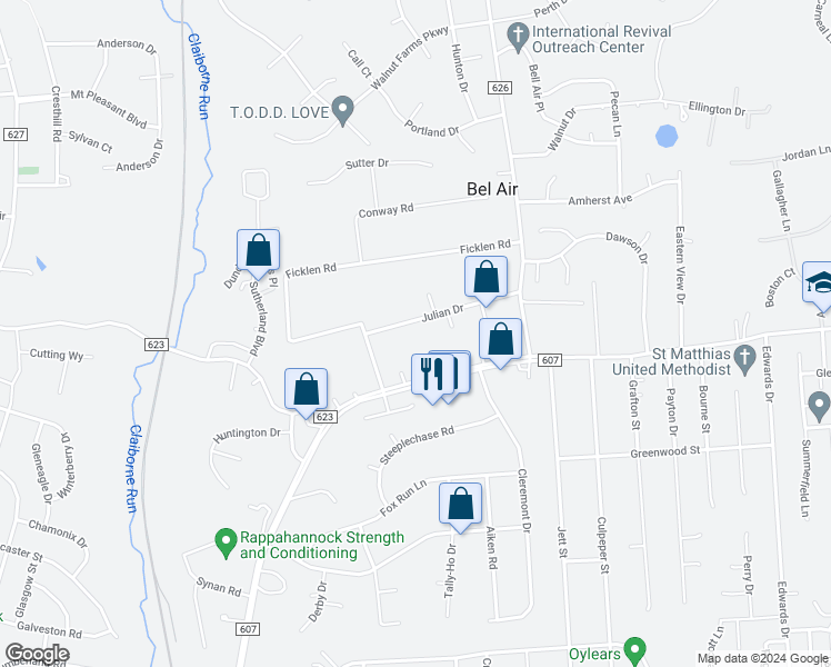 map of restaurants, bars, coffee shops, grocery stores, and more near 1012 Julian Drive in Fredericksburg