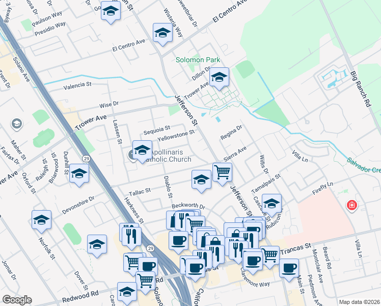 map of restaurants, bars, coffee shops, grocery stores, and more near 3136 Hamilton Street in Napa