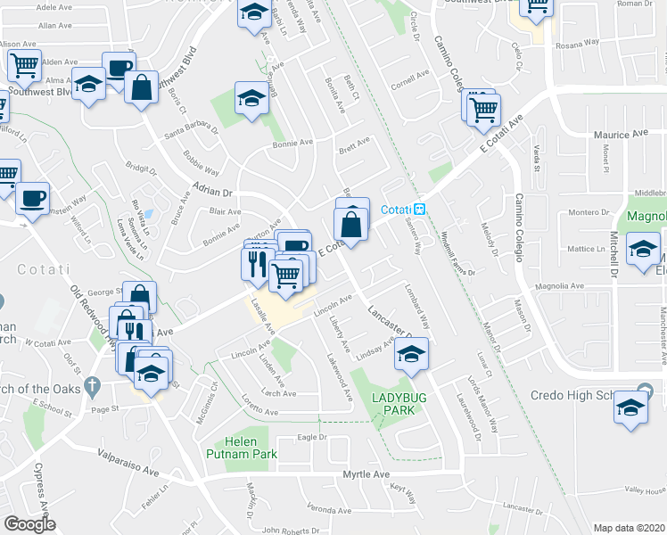map of restaurants, bars, coffee shops, grocery stores, and more near 8267 Lancaster Drive in Cotati