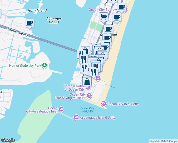 map of restaurants, bars, coffee shops, grocery stores, and more near 9 Emerson Towers Common in Ocean City