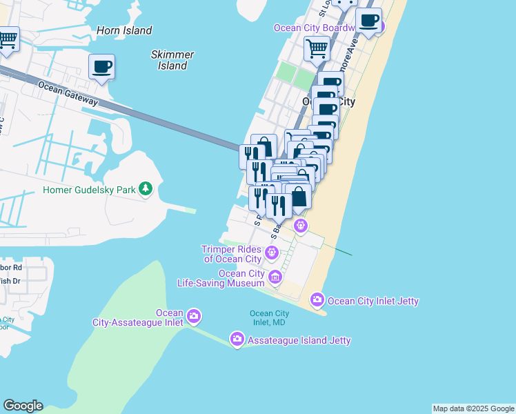 map of restaurants, bars, coffee shops, grocery stores, and more near 9 Emerson Towers Common in Ocean City