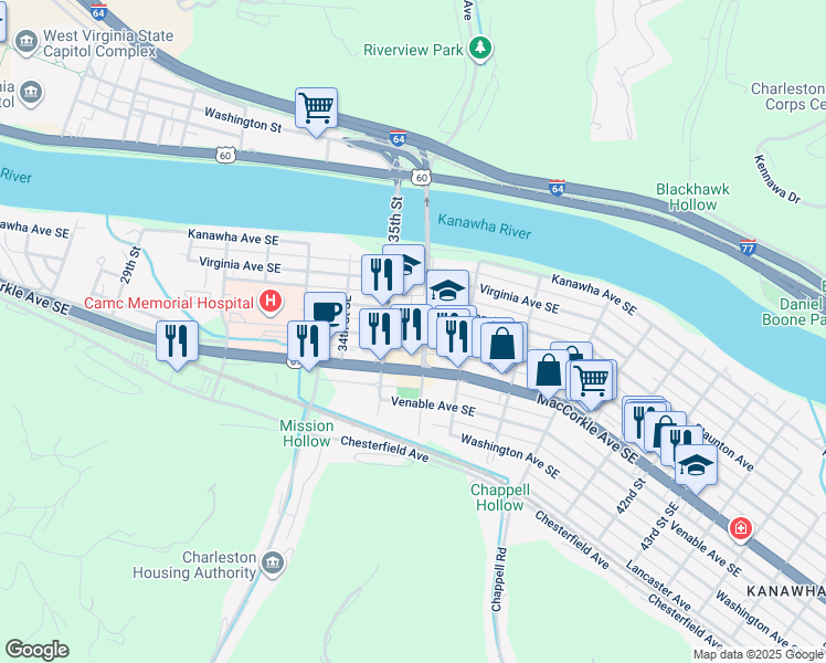 map of restaurants, bars, coffee shops, grocery stores, and more near 3514 36th Street Southeast Bridge in Charleston