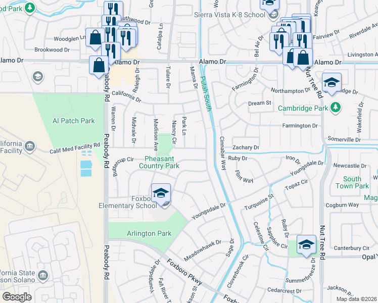 map of restaurants, bars, coffee shops, grocery stores, and more near 406 Nancy Cir in Vacaville