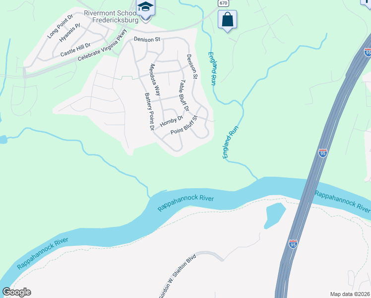 map of restaurants, bars, coffee shops, grocery stores, and more near 102 Battery Point Drive in Fredericksburg