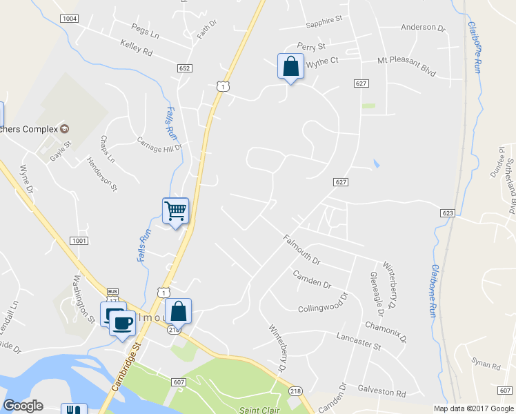 map of restaurants, bars, coffee shops, grocery stores, and more near 207 Overlook Court in Fredericksburg