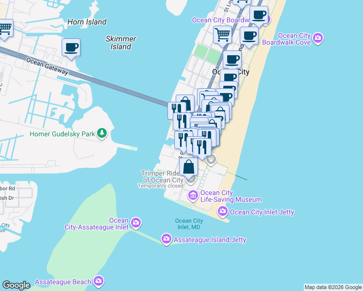 map of restaurants, bars, coffee shops, grocery stores, and more near 9 Emerson Towers Common in Ocean City