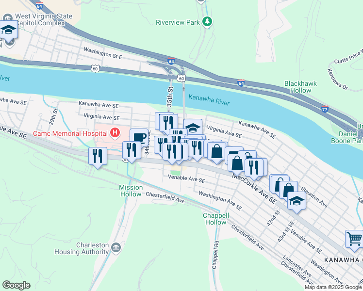 map of restaurants, bars, coffee shops, grocery stores, and more near 3514 36th Street Southeast Bridge in Charleston