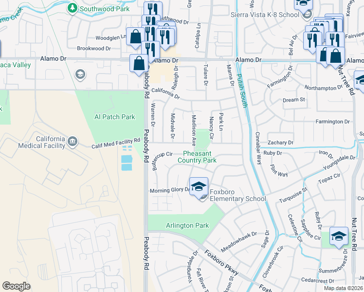 map of restaurants, bars, coffee shops, grocery stores, and more near 160 Caldwell Drive in Vacaville