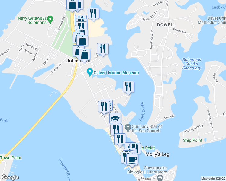 map of restaurants, bars, coffee shops, grocery stores, and more near 225 Langley Lane in Solomons