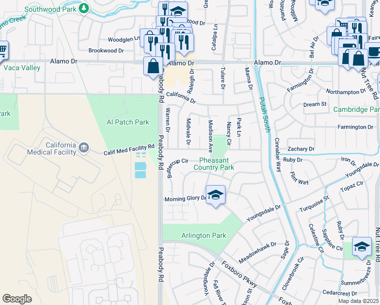 map of restaurants, bars, coffee shops, grocery stores, and more near 160 Caldwell Drive in Vacaville