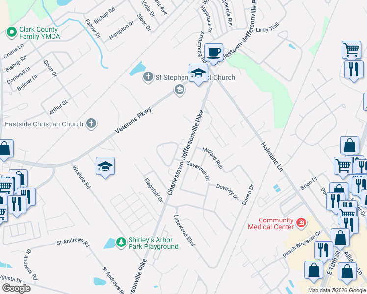 map of restaurants, bars, coffee shops, grocery stores, and more near 3527 Stonecreek Circle in Jeffersonville