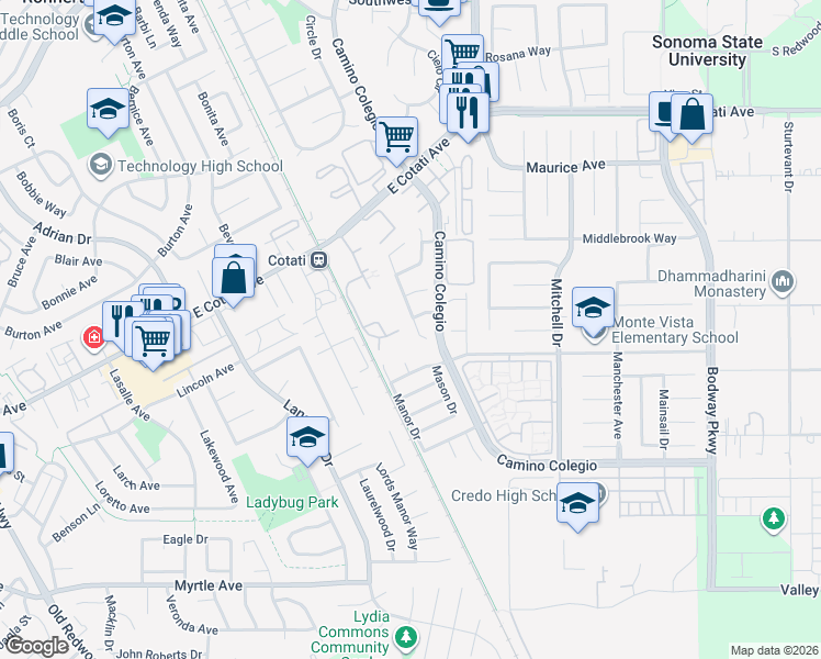 map of restaurants, bars, coffee shops, grocery stores, and more near 7721 Melody Dr in Rohnert Park