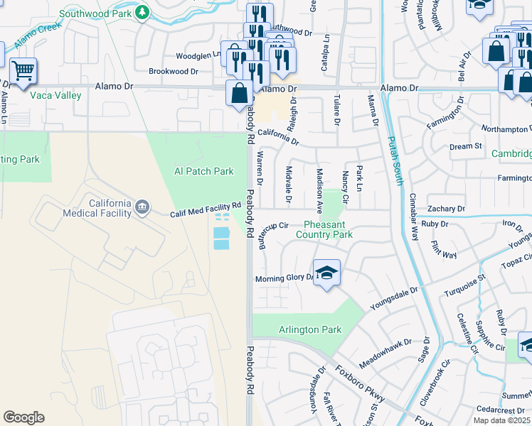 map of restaurants, bars, coffee shops, grocery stores, and more near 118 Caldwell Drive in Vacaville