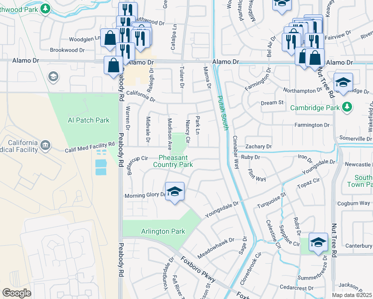 map of restaurants, bars, coffee shops, grocery stores, and more near 382 Nancy Circle in Vacaville